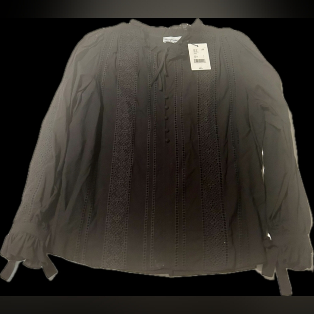 Elegant Black Women's Blouse With Ruffle Sleeves And Lace Pattern